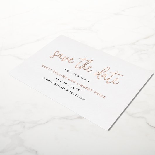 エレガントモダンな結婚式の日付を保存する 箔招待状 (回転した状態)