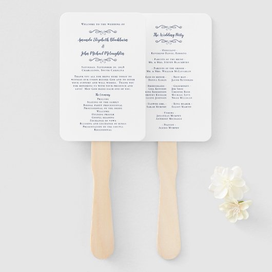 エレガントモダンな結婚式プログラムNavy Blue ハンドファン (正面&裏面)