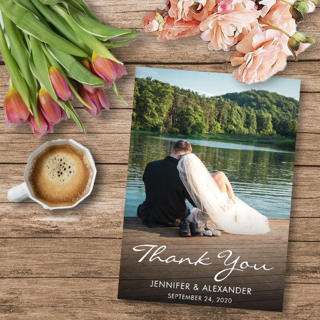 エレガントモダンの写真結婚カード (Modern rustic elegant thank you wedding photo card. You can add your own photo, names and date.)