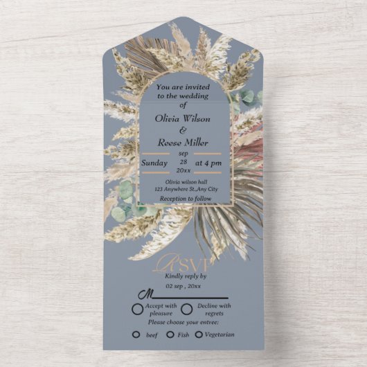 エレガントモダンの青い結婚ボホ オールインワン招待状 (内側)