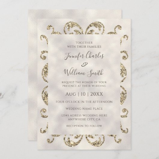 エレガントモダンアイボリーテクスチャ金ゴールドグリッターフレーム 招待状 (正面/裏面)