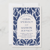 エレガントモダンアーチネイビーブルーフローラ結婚ズ 招待状 (正面)
