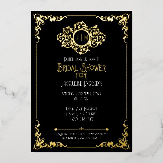 エレガントモダンアールデコブラック金ゴールドブライダルシャワーF 箔招待状 (正面)
