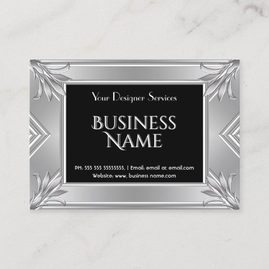 エレガントモダンアールデコ黒フェイククロム銀 名刺 (正面)