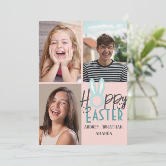エレガントモダンイースター、家族3枚の写真コラージュ カード (スタンド正面)