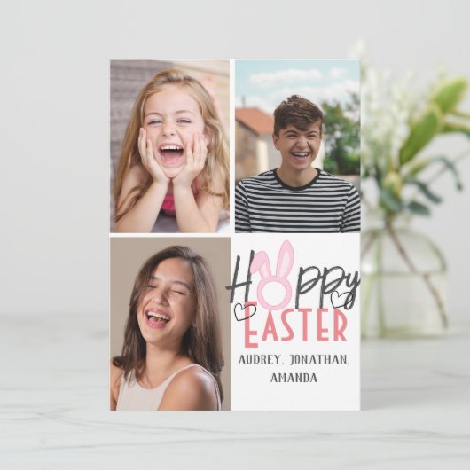 エレガントモダンイースター、家族3枚の写真コラージュ カード (スタンド正面)
