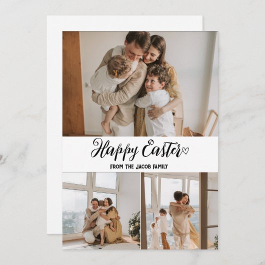 エレガントモダンイースター、家族3枚の写真コラージュ シーズンカード (正面/裏面)
