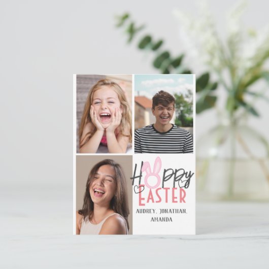 エレガントモダンイースター、家族3枚の写真コラージュ シーズンポストカード (スタンド正面)