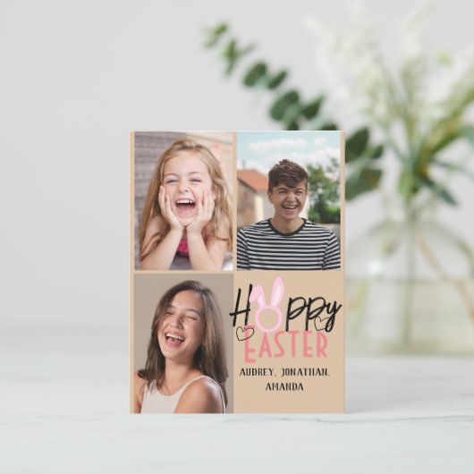 エレガントモダンイースター、家族3枚の写真コラージュ シーズンポストカード (スタンド正面)