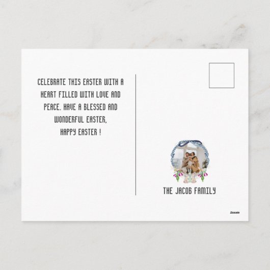 エレガントモダンイースター、家族3枚の写真コラージュ シーズンポストカード (裏面)