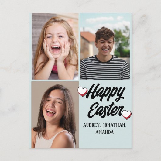 エレガントモダンイースター、家族3枚の写真コラージュ シーズンポストカード (正面)