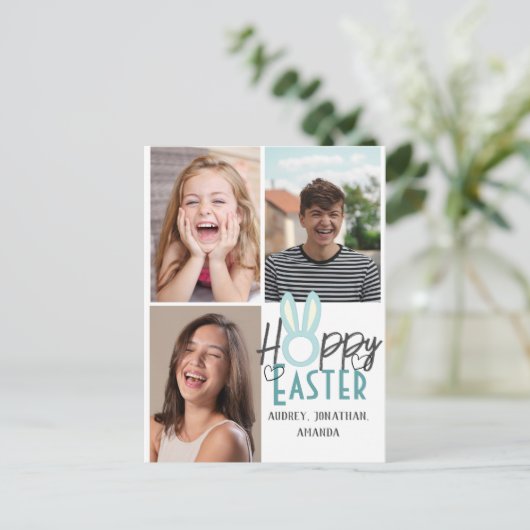 エレガントモダンイースター、家族3枚の写真コラージュ シーズンポストカード (スタンド正面)