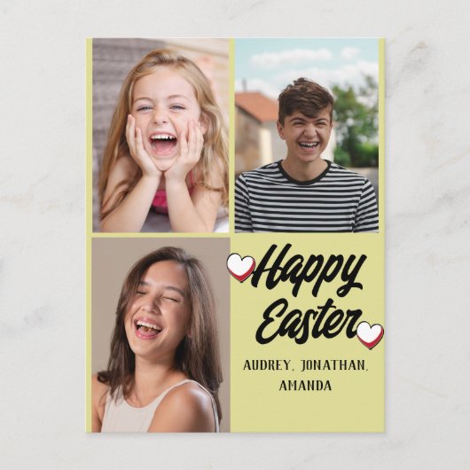 エレガントモダンイースター、家族3枚の写真コラージュ シーズンポストカード (正面)