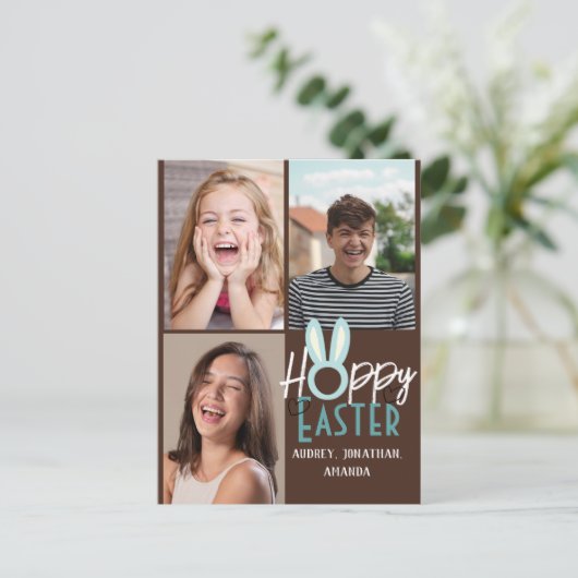 エレガントモダンイースター、家族3枚の写真コラージュ ポストカード (スタンド正面)