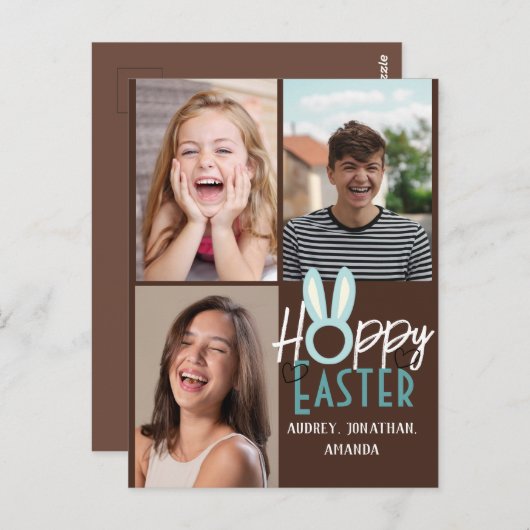 エレガントモダンイースター、家族3枚の写真コラージュ ポストカード (正面/裏面)
