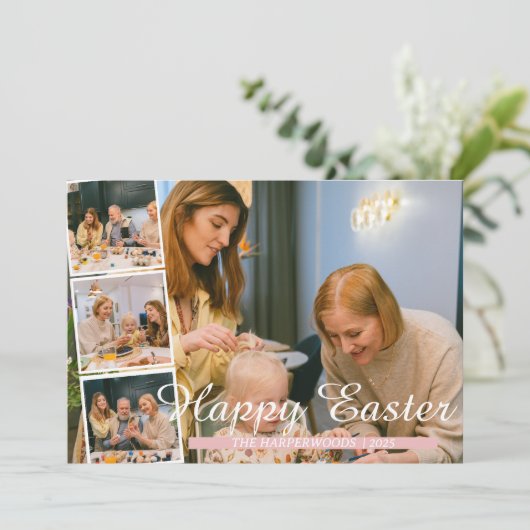 エレガントモダンイースター、家族4つの写真コラージュ シーズンカード (スタンド正面)