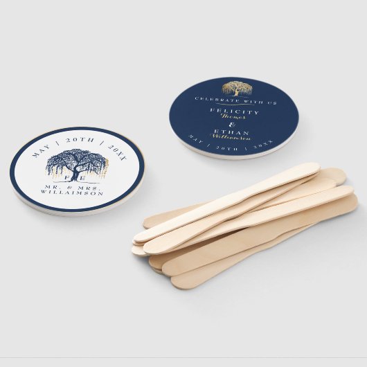 エレガントモダンウィローツリーネイビーブルー金ゴールド結婚 ハンドファン (組立なし)