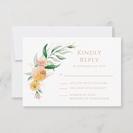 エレガントモダンオレンジ色のフローラ結婚 出欠カード (正面)