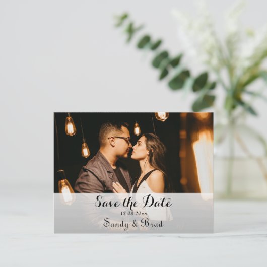 エレガントモダンカスタム写真の日付を保存結婚する ポストカード (スタンド正面)