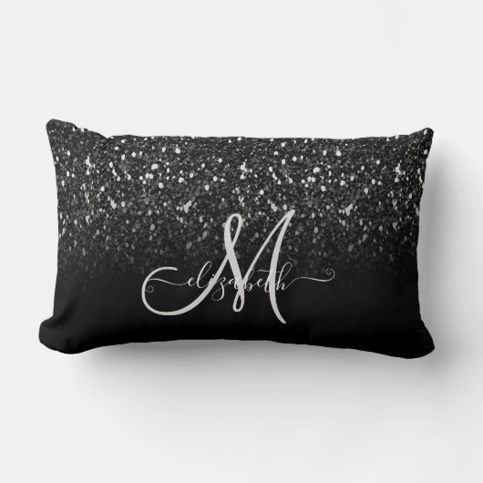 エレガントモダンガーリー黒グリッターモノグラムグラデーション ランバークッション (正面)
