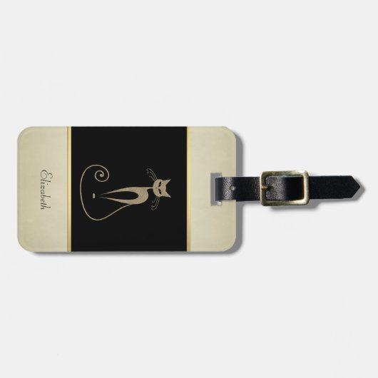 エレガントモダンガーリー黒、クリーム、キラキラした猫 ラゲッジタグ (正面横)