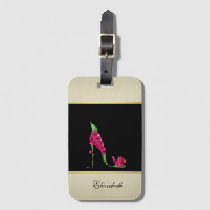 エレガントモダンガーリー，黒，クリーム，花ヒール ラゲッジタグ