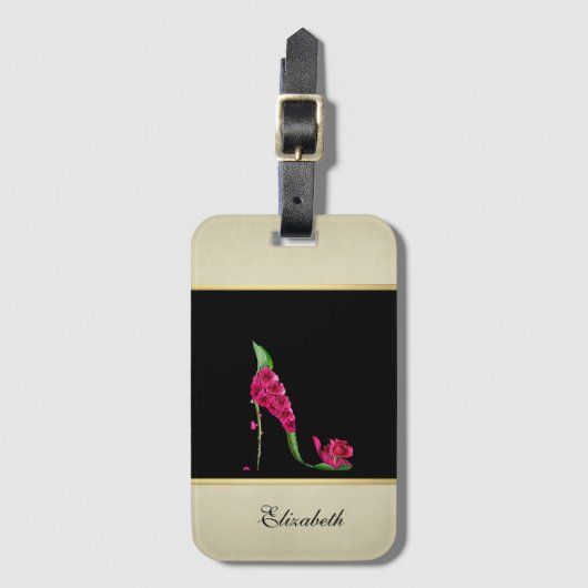エレガントモダンガーリー,黒,クリーム,花ヒール ラゲッジタグ (正面縦)