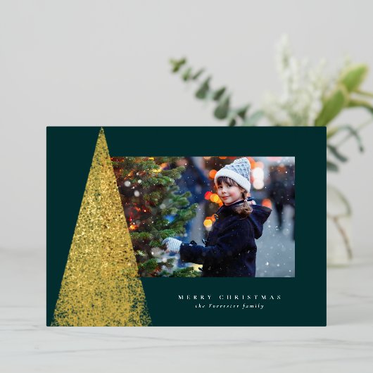 エレガントモダンクリスマスの木1枚の緑の金ゴールド 箔シーズンカード (立ち正面)