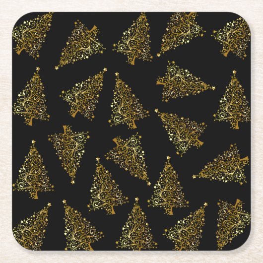 エレガントモダンクリスマスツリー型黒金ゴールド スクエアペーパーコースター (正面)