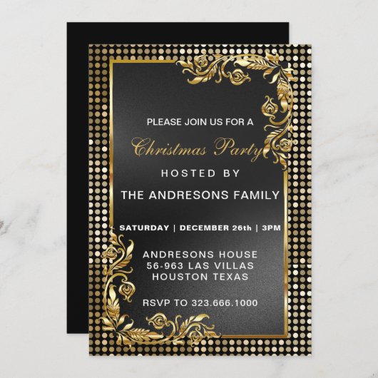 エレガントモダンクリスマスパーティー金ゴールドカスタムインビタ 招待状 (正面/裏面)
