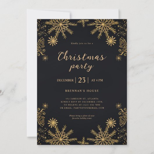 エレガントモダンクリスマス黒と金ゴールドフェスティバル 招待状 (正面)