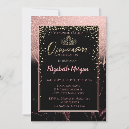 エレガントモダングリッター金ゴールドティアラ大理石 招待状 (正面)