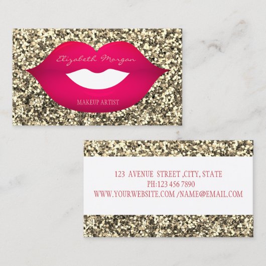 エレガントモダングリッター、唇、メイクアップアーティスト 名刺 (正面/裏面)