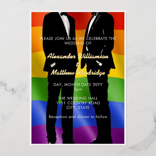 エレガントモダンゲイメン結婚ズレインボー金ゴールド 箔招待状 (正面)