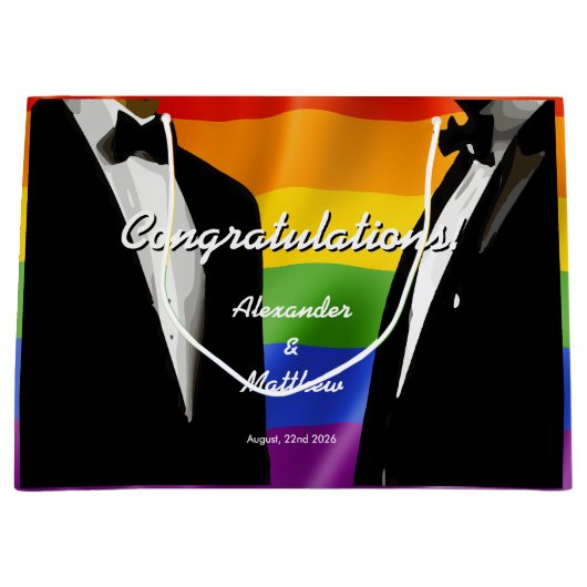 エレガントモダンゲイメン結婚ズレインボー ラージペーパーバッグ (正面)