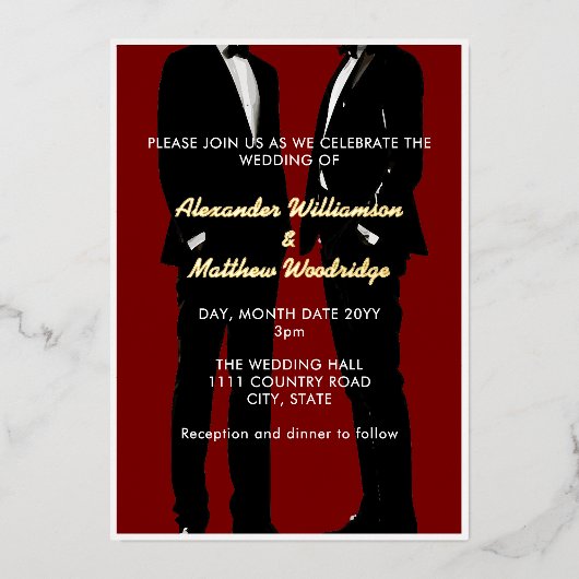 エレガントモダンゲイ結婚金ゴールド 箔招待状 (正面)