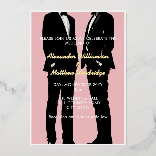 エレガントモダンゲイ結婚金ゴールド 箔招待状 (正面)