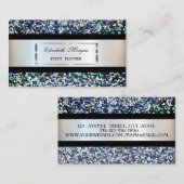 エレガントモダンシルバーフレーム、黒ストライプ色、シーケンズ 名刺 (正面/裏面)