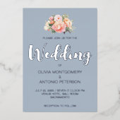 エレガントモダンシルブピンク牡丹ダスティブルー結婚ズ 箔招待状 (正面)