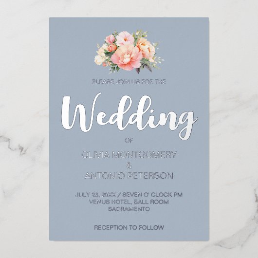 エレガントモダンシルブピンク牡丹ダスティブルー結婚ズ 箔招待状 (正面)