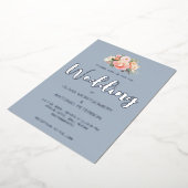 エレガントモダンシルブピンク牡丹ダスティブルー結婚ズ 箔招待状 (回転した状態)