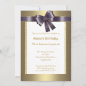 エレガントモダンシンプルグリッター金ゴールドパープルボウ 招待状 (正面)