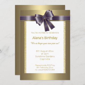 エレガントモダンシンプルグリッター金ゴールドパープルボウ 招待状
