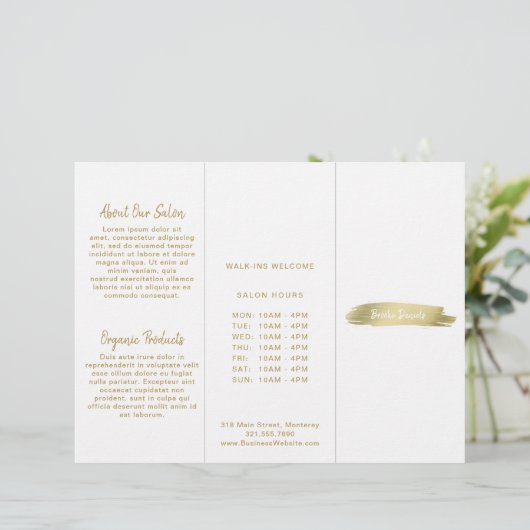 エレガントモダンシンプルサロン金ゴールド3折パンフレット (スタンド正面)