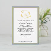 エレガントモダンシンプルダスティブルーゴールド結婚フォイル 箔招待状 (立ち正面)