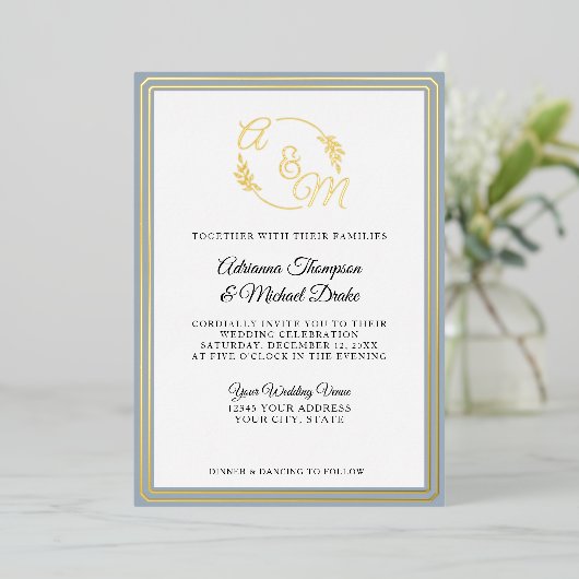 エレガントモダンシンプルダスティブルーゴールド結婚フォイル 箔招待状 (立ち正面)