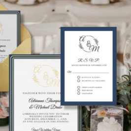 エレガントモダンシンプルネイビフォーマルー結婚ブルー 出欠カード