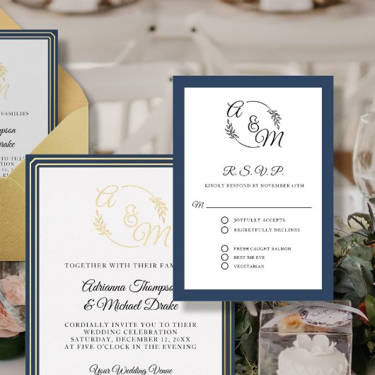 エレガントモダンシンプルネイビフォーマルー結婚ブルー 出欠カード