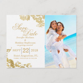 エレガントモダンシンプルバラフローラ救金ゴールド日付 案内ポストカード