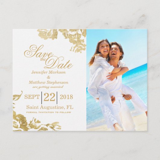 エレガントモダンシンプルバラフローラ救金ゴールド日付 案内ポストカード (正面)